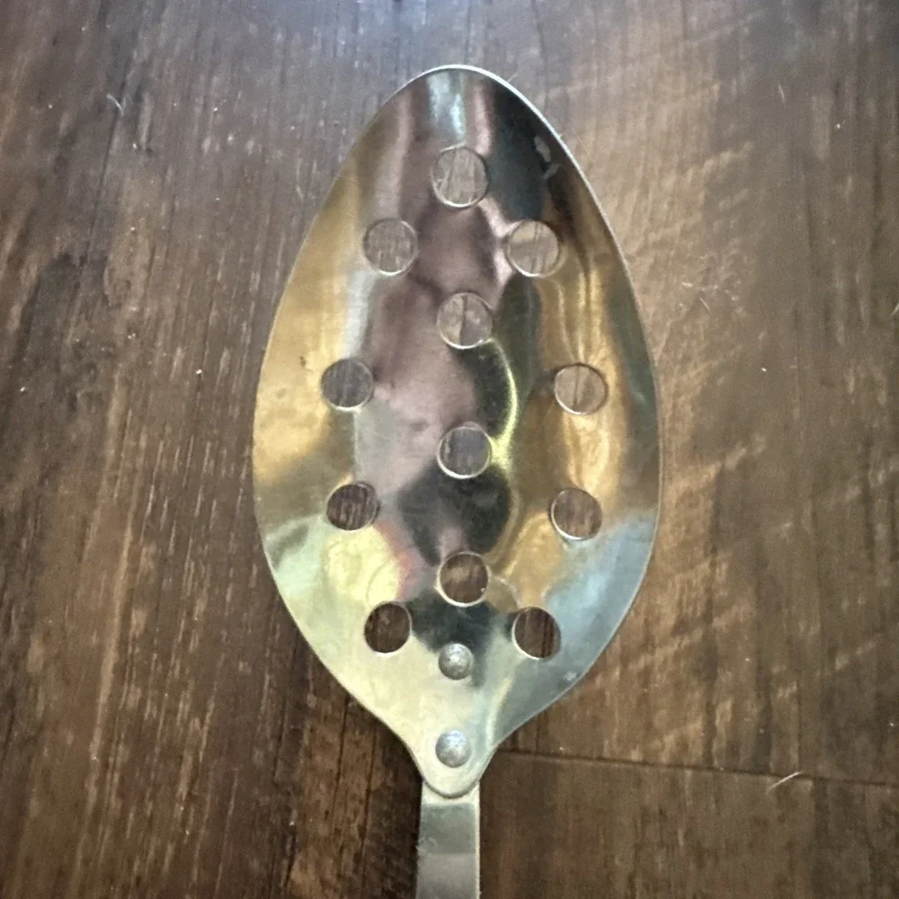 Vtg Stainless Steel Slotted Serving Spoon Carved Wooden Handle Japan 13